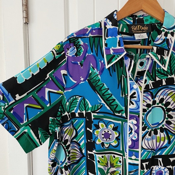 Bob Mackie Wearable Art 100% Silk Novelty Cat Short Sleeve Hawaïi Watercolor XL - Picture 2 of 7